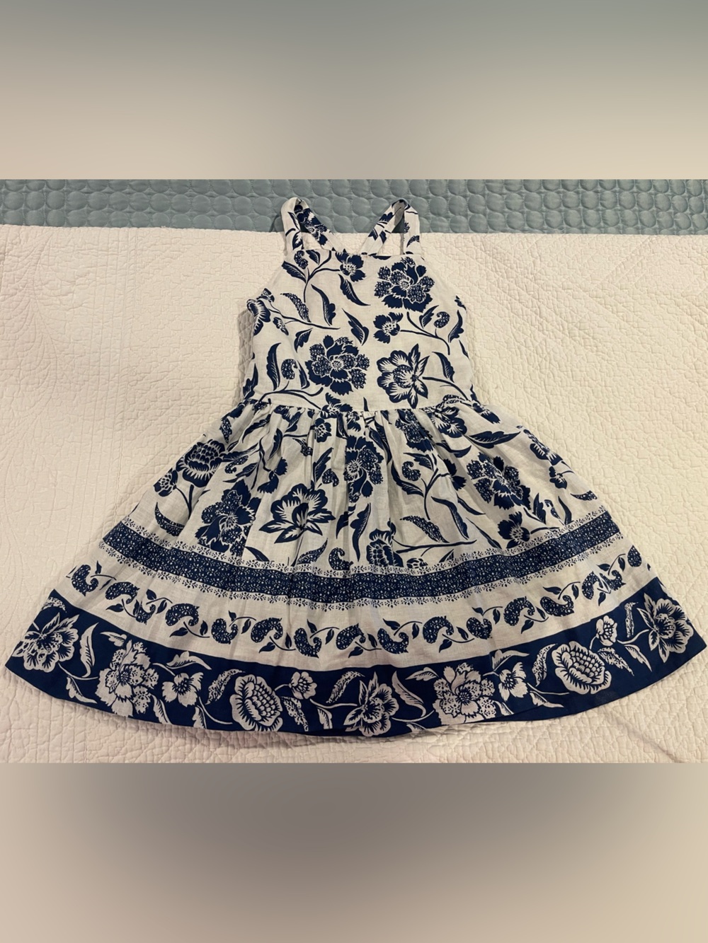 Polo Ralph Lauren White Navy Floral Summer Dress Linen Cotton Cross Low Back Sz5
